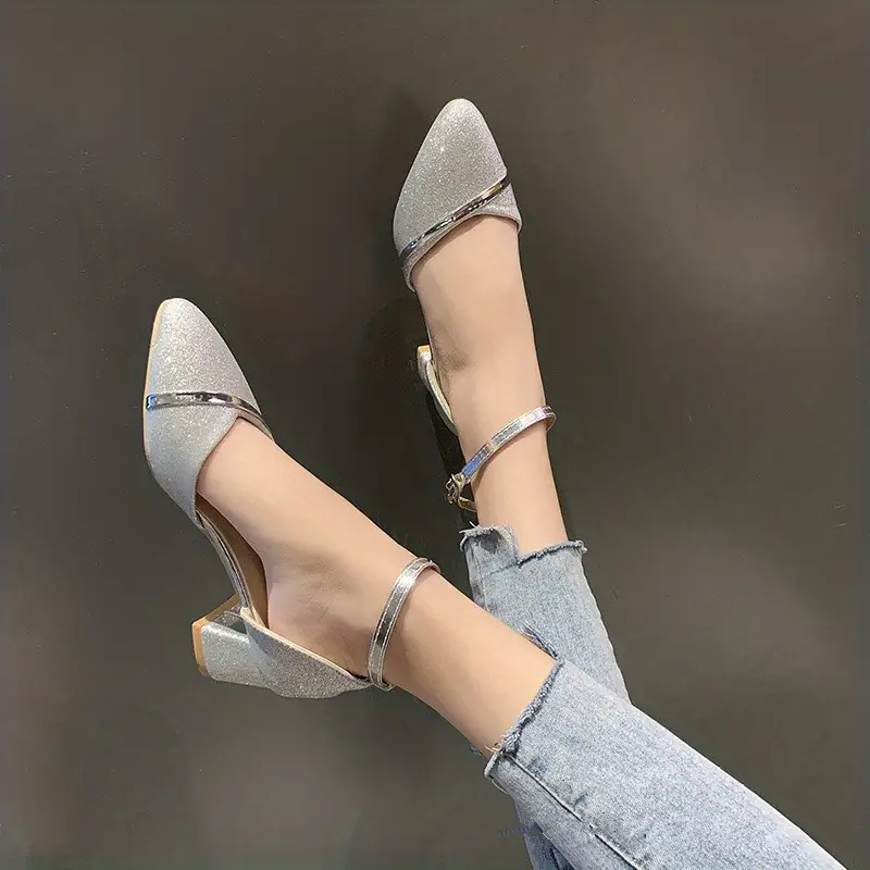 womens glitter block heel sandals versatile pointed toe ankle strap dorsay mid heels casual wedding dress sandals details 4