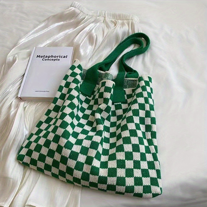 Plaid Color Block Shoulder Bag, Large Capacity Slouchy Handabg