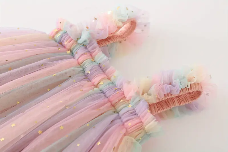 toddler girls sequin stars moon frill trim shirred rainbow color mesh princess puffy cami dress for party beach vacation kids summer clothes details 2