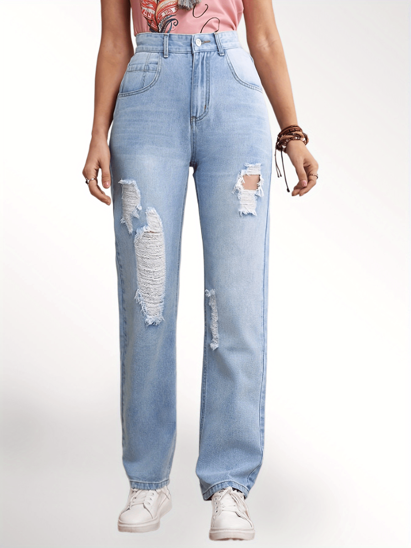 Blue Ripped Holes Straight Jeans Distressed Loose Fit Wide - Temu