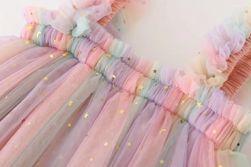 toddler girls sequin stars moon frill trim shirred rainbow color mesh princess puffy cami dress for party beach vacation kids summer clothes details 3