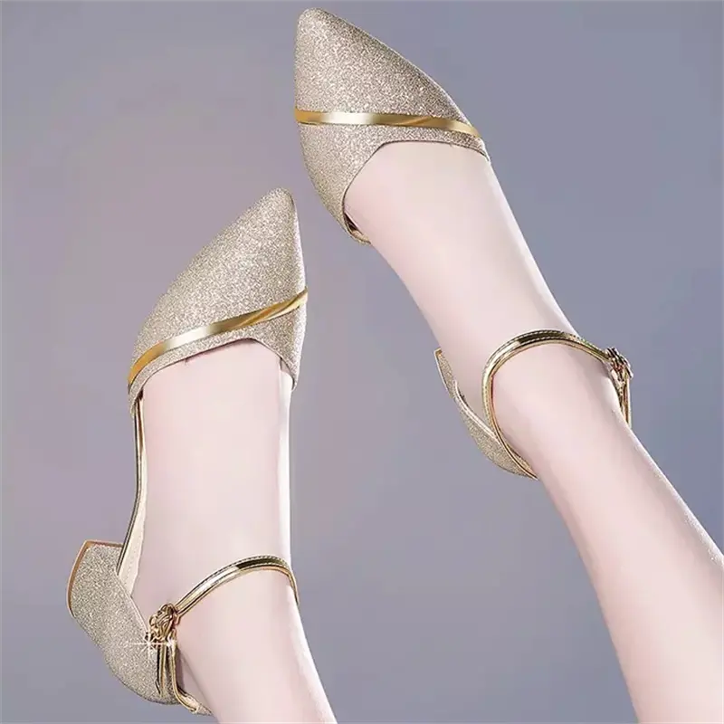 womens glitter block heel sandals versatile pointed toe ankle strap dorsay mid heels casual wedding dress sandals details 1