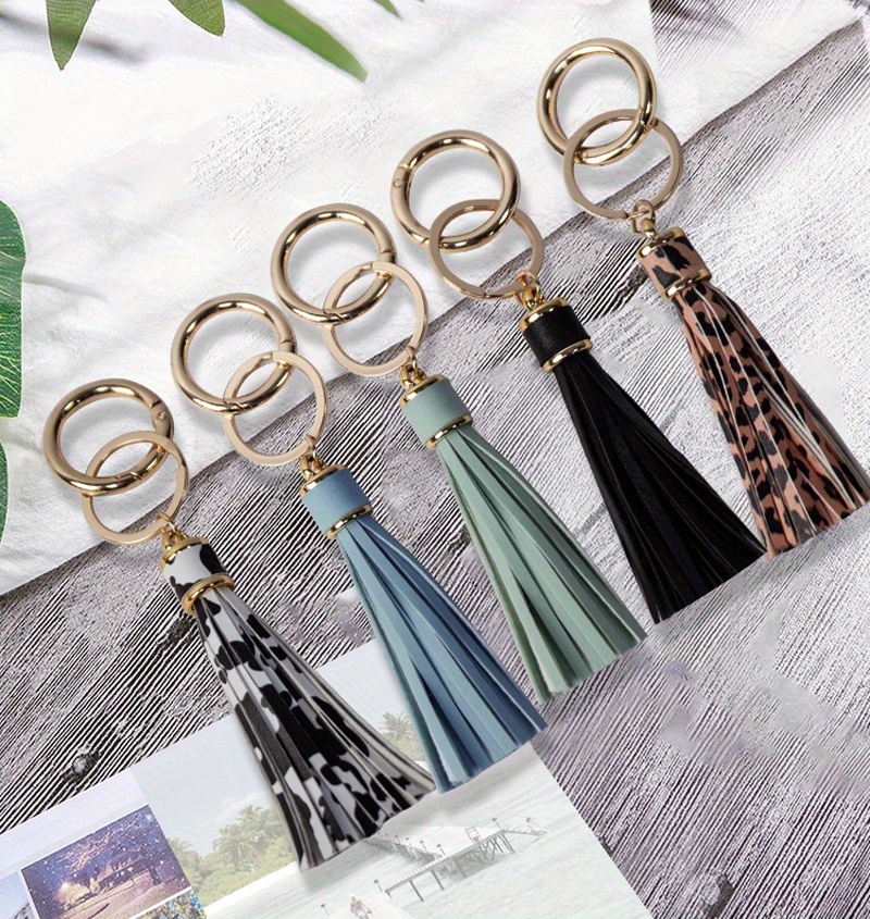 Cow/leopard Pattern Tassel Keychain Pu Leather Key Ring Purse Bag Backpack  Car Charm Earphone Accessory Women Gift - Temu