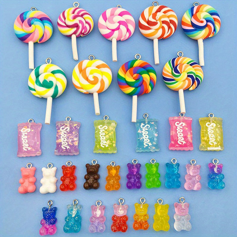 130Pcs Assorted Acrylic Candy Bear Lollipop Nail Charms 3D