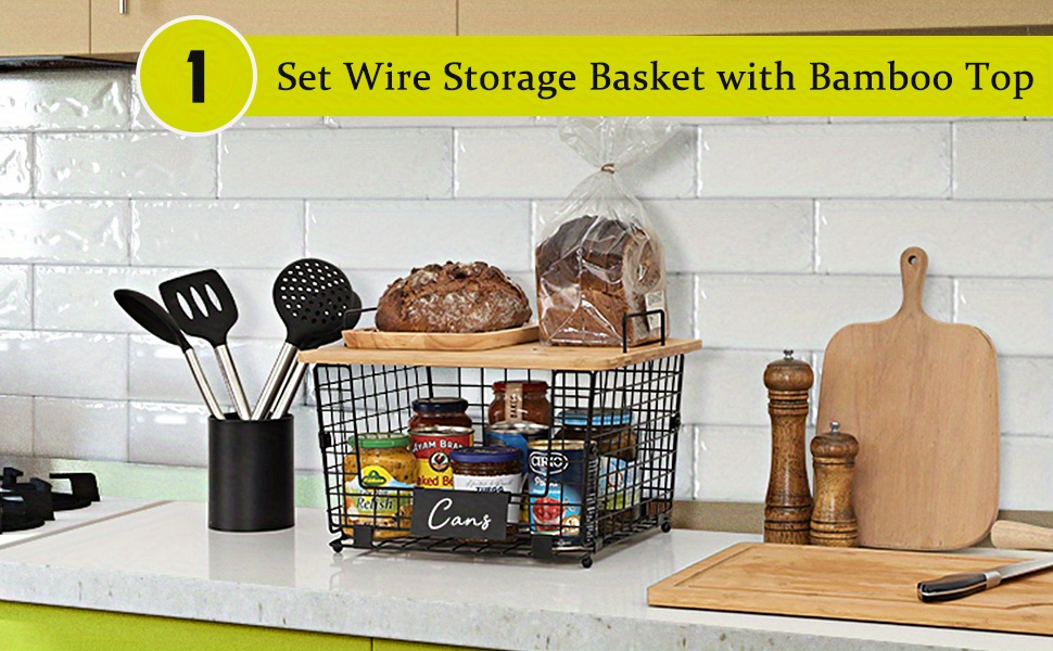  2 Set Stackable Wire Basket with Bamboo Top - Pantry, Kitchen  Counter Organization and Storage - Cabinet, Shelf, Countertop Space Saving  Organizing - Produce, Fruit, Onion, Potato, Bread Organizer Bin
