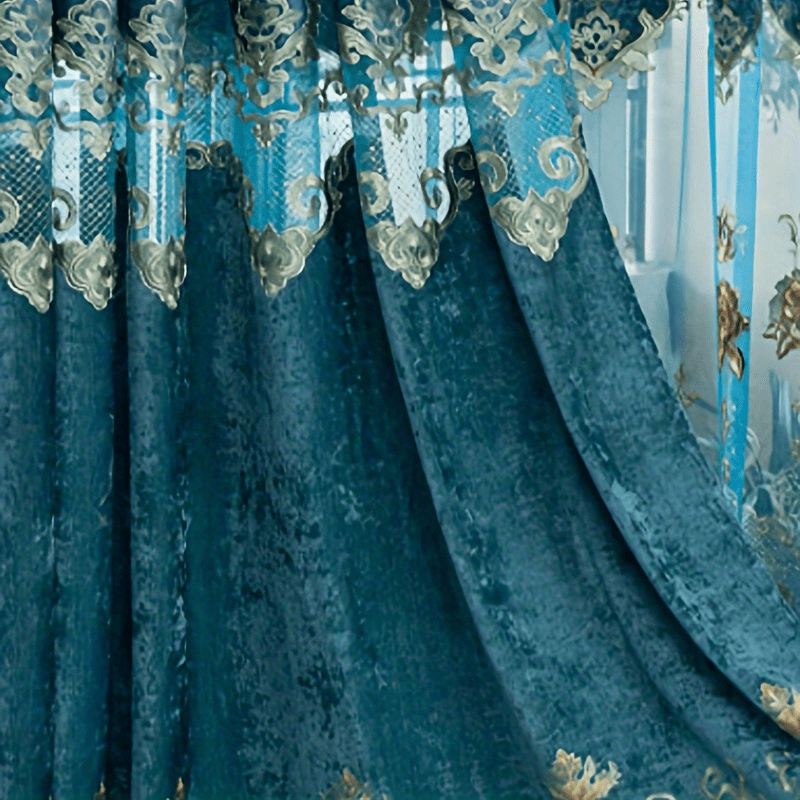 Image of Premium, , Plush Chenille Lace-embroidered Sunshade Drapes For Living And Dining Areas, In Blue, Sold As A Single Piece. The Price In The Sku Represents Cost Of 1 Completed Curtain Fabric