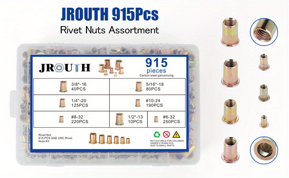 915pcs Rivet Nut Kit SAE UNC Rivet Nuts Assortment 6#-32, 8#-32, 10#-24, 1/4 -20, 5/16 -18, 3/8 -16, 1/2 -13, Zinc Plated Carbon Steel Nut Inserts Rivnuts Nutserts Kit - JROUTH details 0