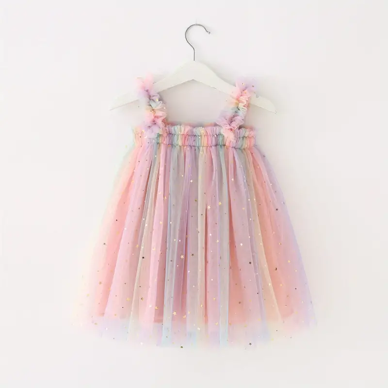toddler girls sequin stars moon frill trim shirred rainbow color mesh princess puffy cami dress for party beach vacation kids summer clothes details 5