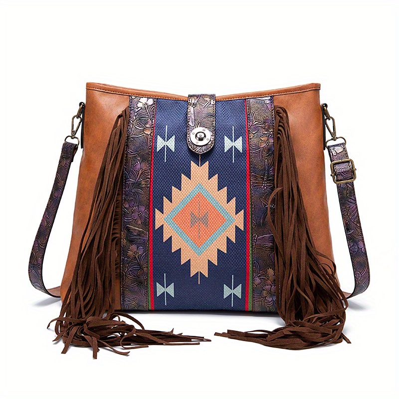 Large FRINGE LEATHER BAG With Turquoise Stone Tassel Western -  UK