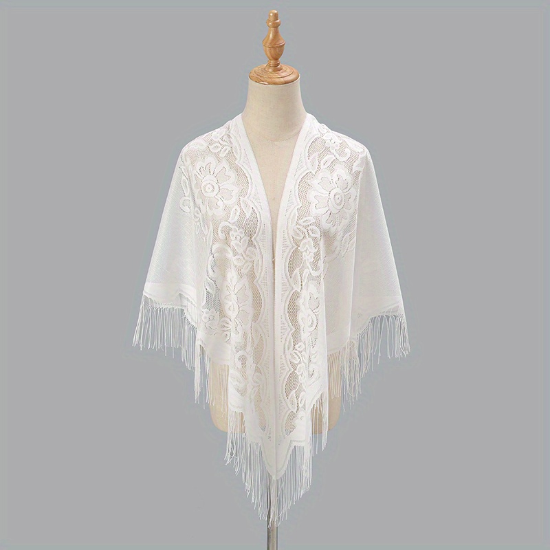 Tassel Long Jacquard Women Scarf Hollow Lace Shawl Wedding Party Shawls,White  