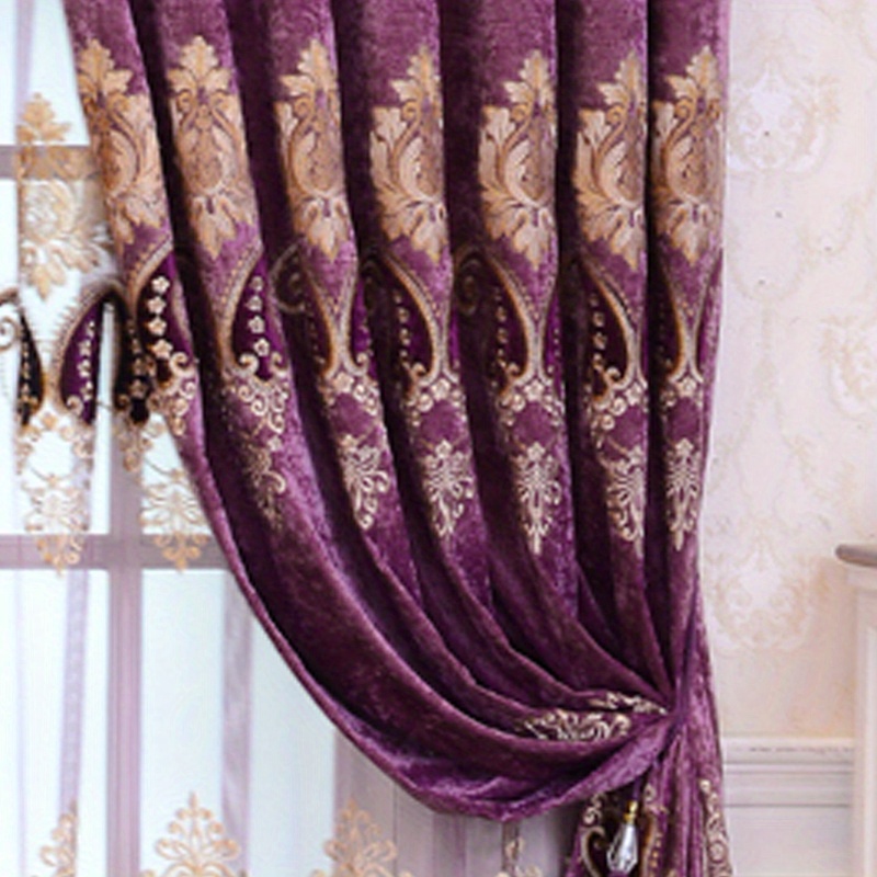 TEMU 1pc Stylish Purple Chenille Embroidery Curtain For Bedroom, Living Room, And Dining Room - Adds And Privacy To