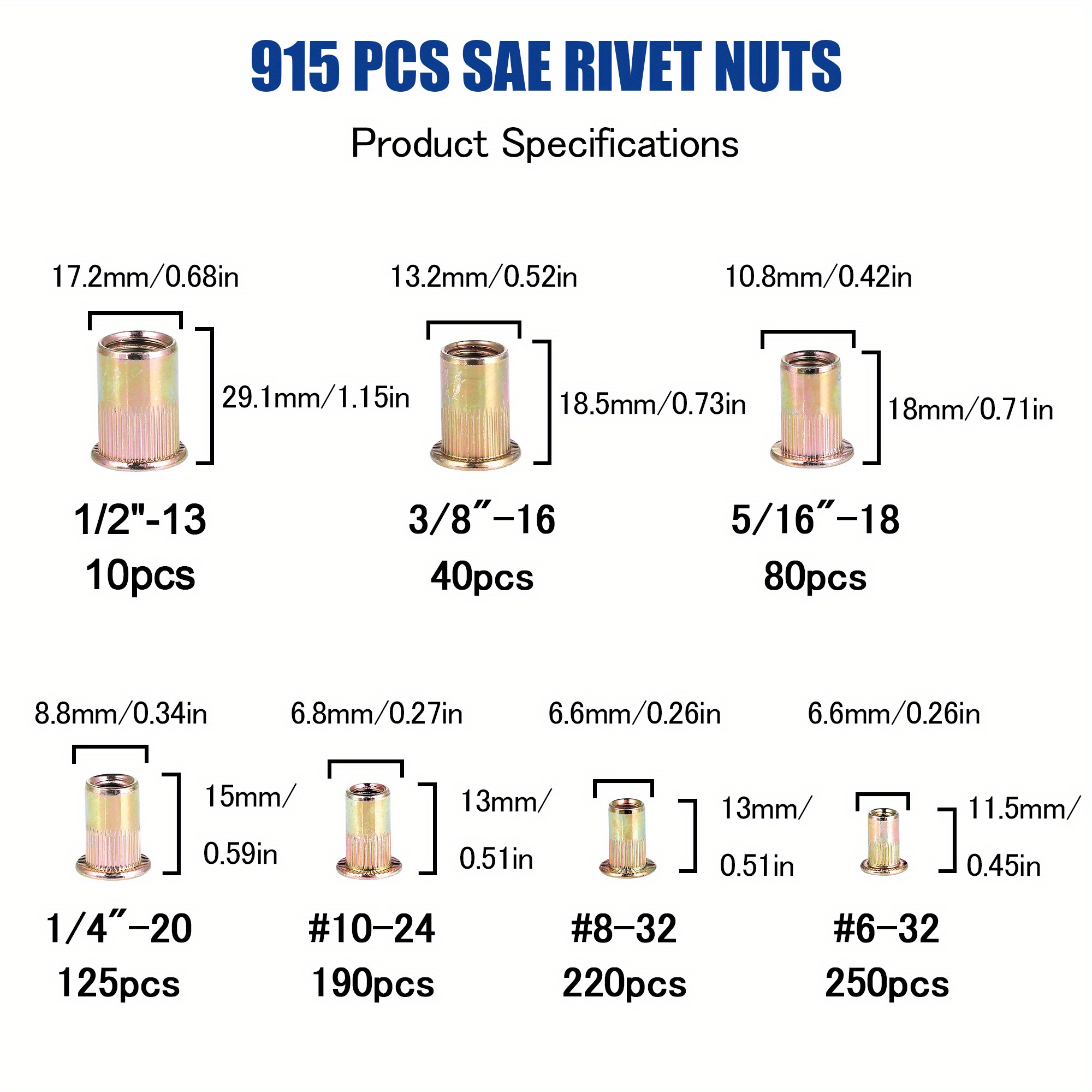 915pcs Rivet Nut Kit SAE UNC Rivet Nuts Assortment 6#-32, 8#-32, 10#-24, 1/4 -20, 5/16 -18, 3/8 -16, 1/2 -13, Zinc Plated Carbon Steel Nut Inserts Rivnuts Nutserts Kit - JROUTH details 1