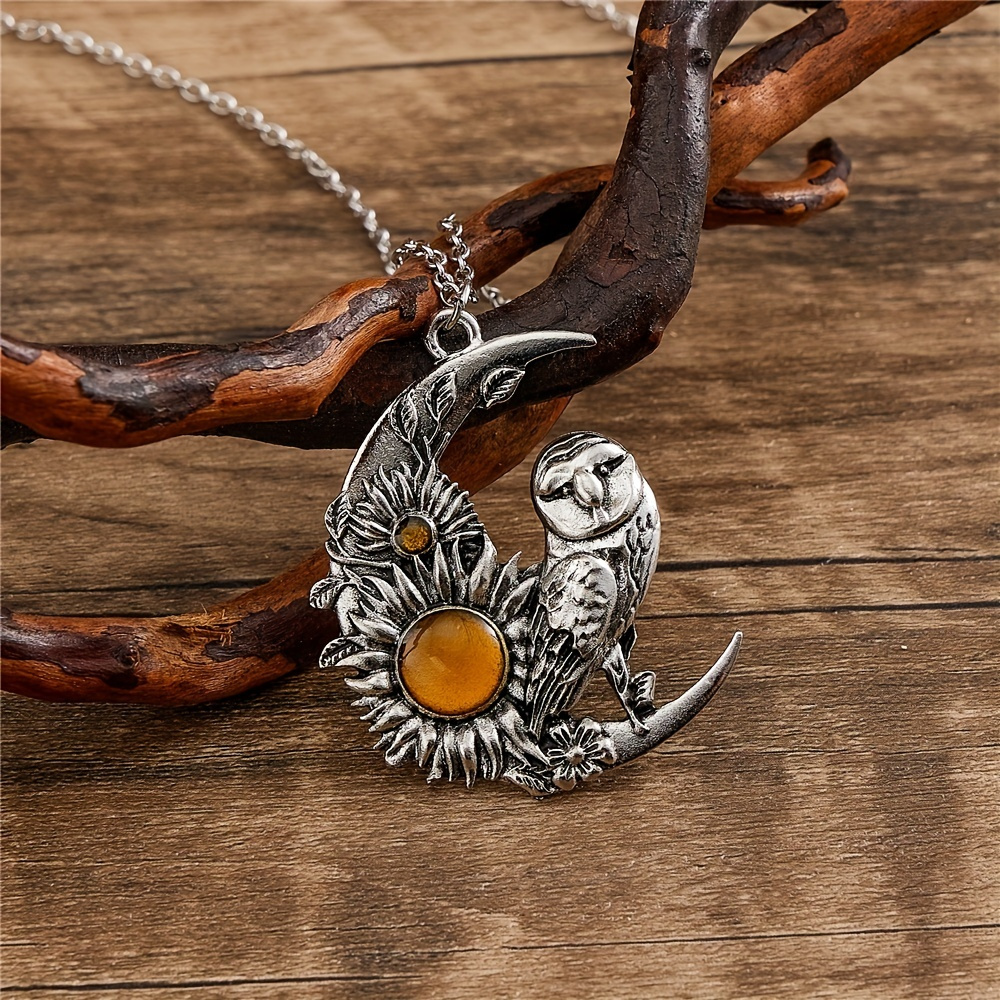 creative vintage sunflower owl pendant necklace party jewelry boho necklace details 2
