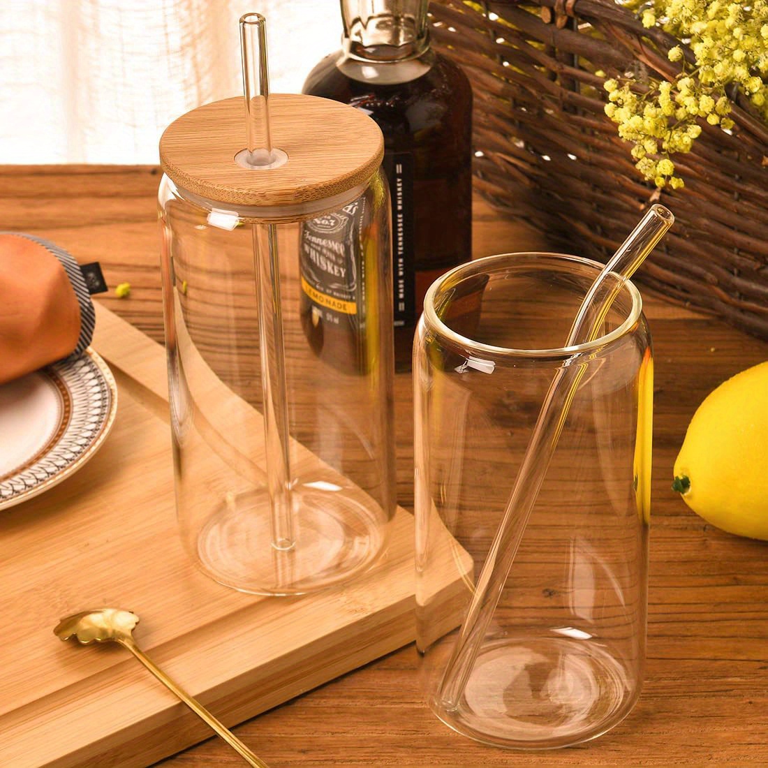 Drinking Glasses Bamboo Lids Glass Straw Set Shaped Glass - Temu