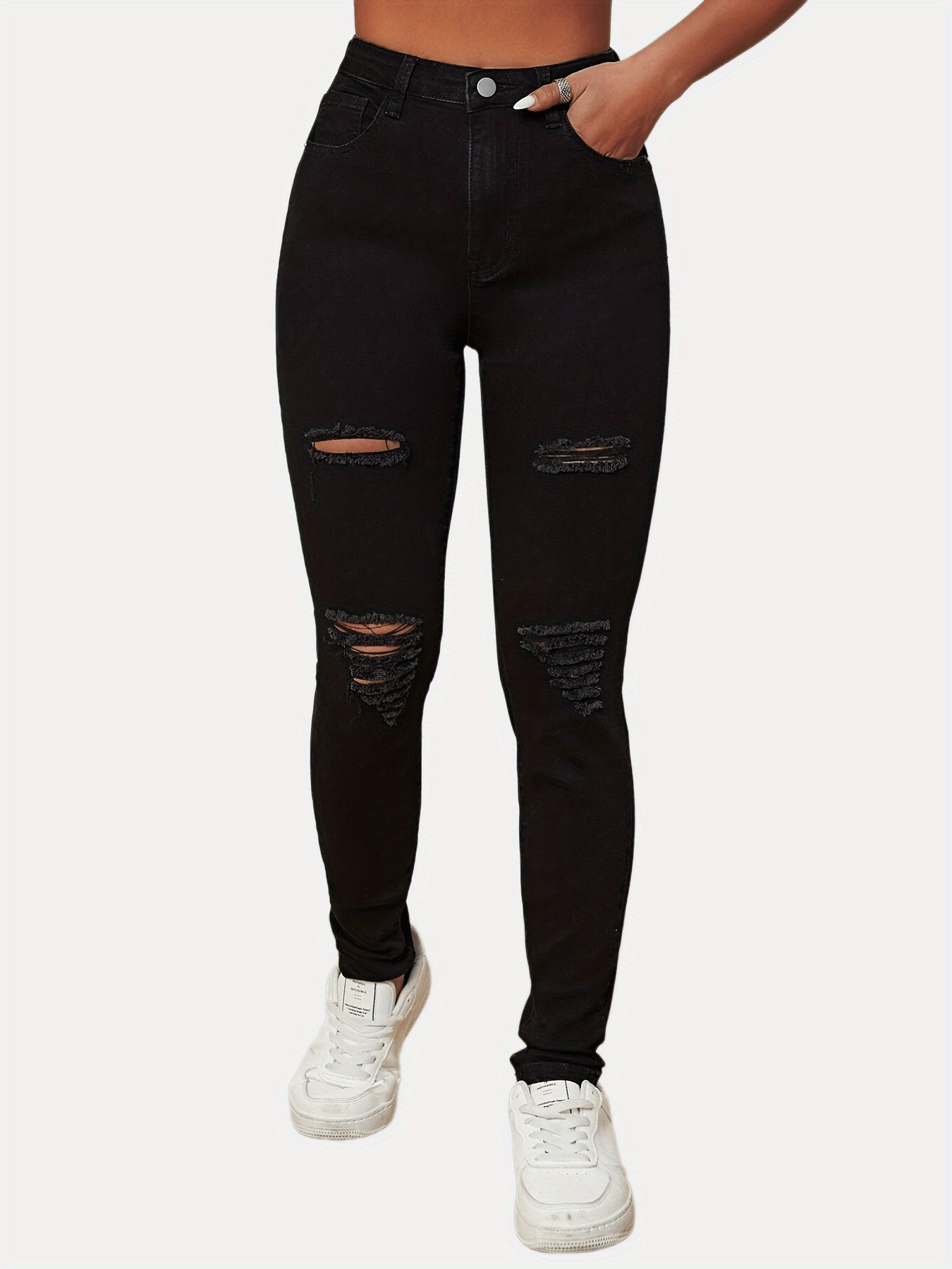 Black Distressed Ripped Skinny Jeans Vintage Slash Pockets - Temu United  Kingdom