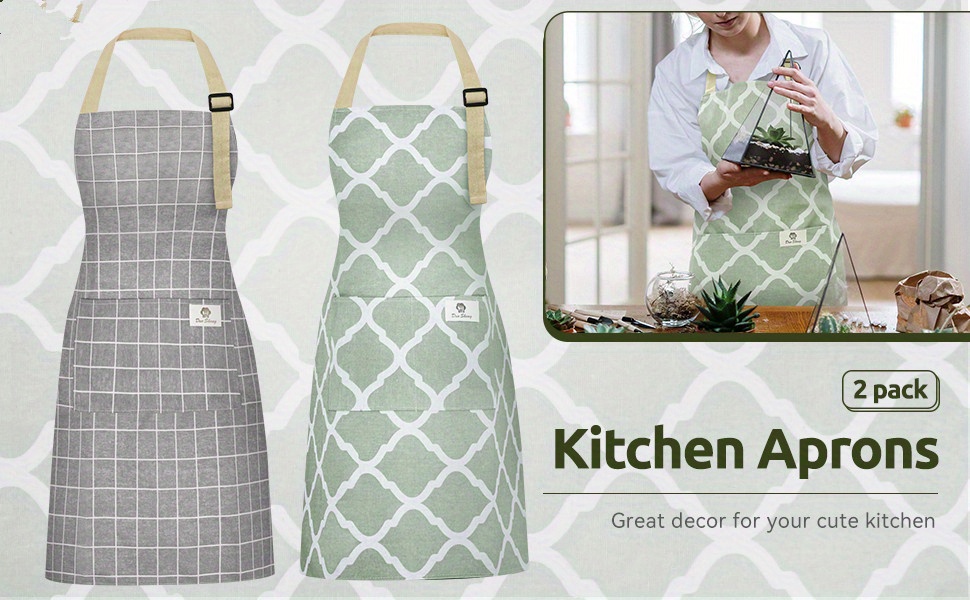 2pcs aprons with pockets linen waterproof kitchen cooking aprons chef apron with adjustable neck strap and long ties home kitchen supplies details 4