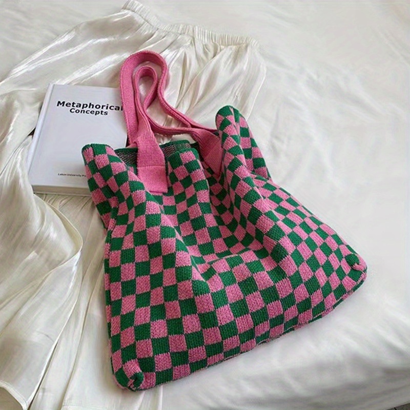 Plaid Color Block Shoulder Bag, Large Capacity Slouchy Handabg