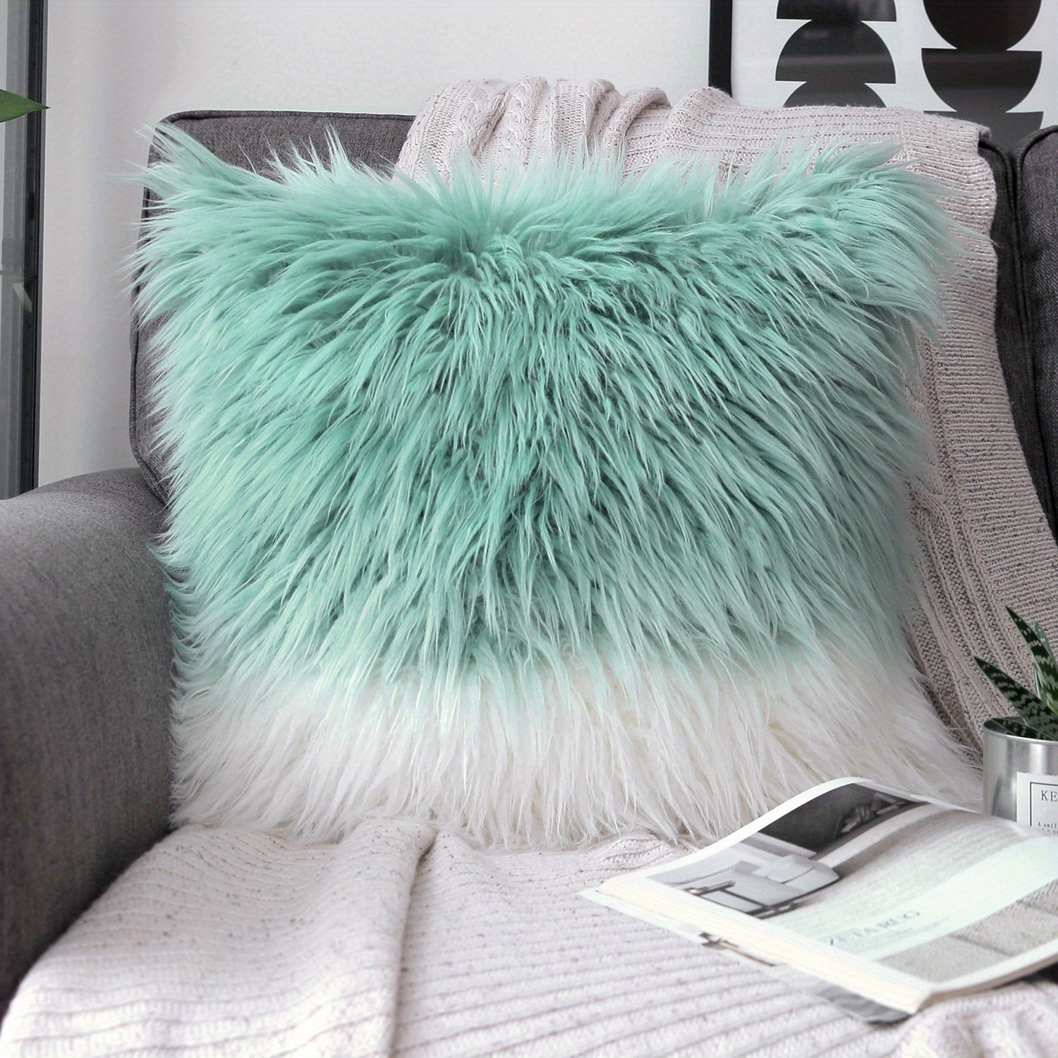 Phantoscope Faux Fur Solid Decorative Pillow Cover Fluffy Throw Pillow  Mongolian Luxury Fuzzy Pillow Case Cushion Cover for Bedroom and Couch,True