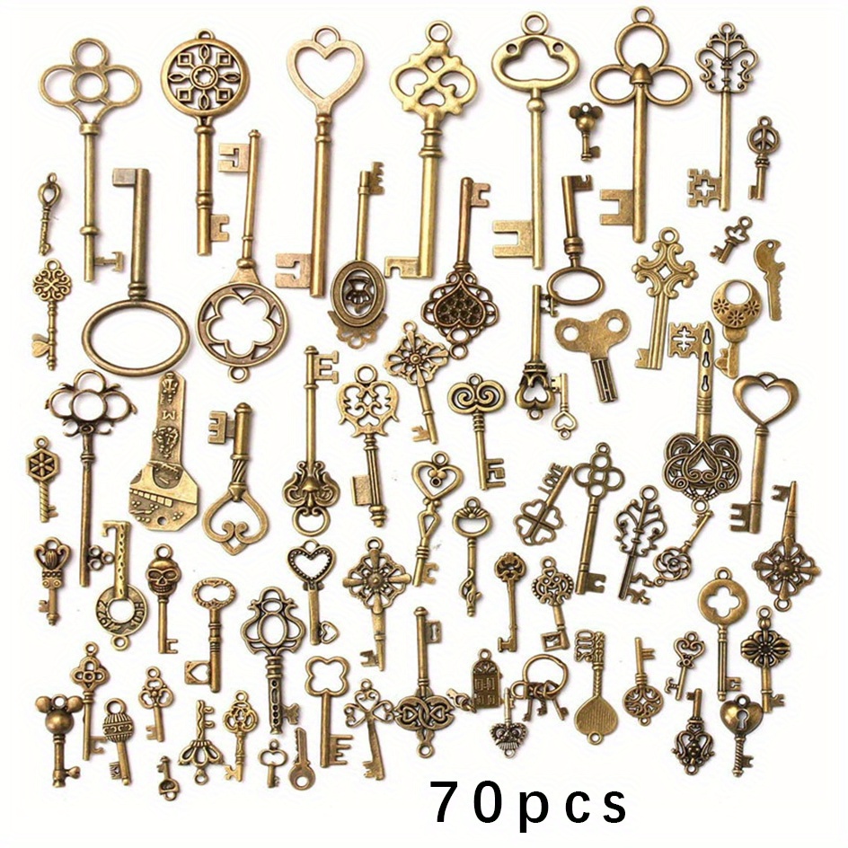 Image of 70pcs Vintage Skeleton Key Set Pendant Mixed Antique Style Bronze Brass Key Set Charms For Pendant Making Wedding Party Favors