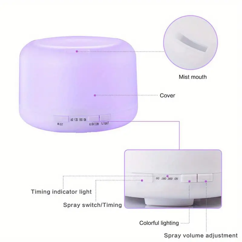 1pc 500ml aroma diffuser usb  oil diffusers 7 colors led light night lamp 5 in 1 ultrasonic aromatherapy fragrant oil humidifier vaporizer timer and auto off safety switch for home baby room office details 10