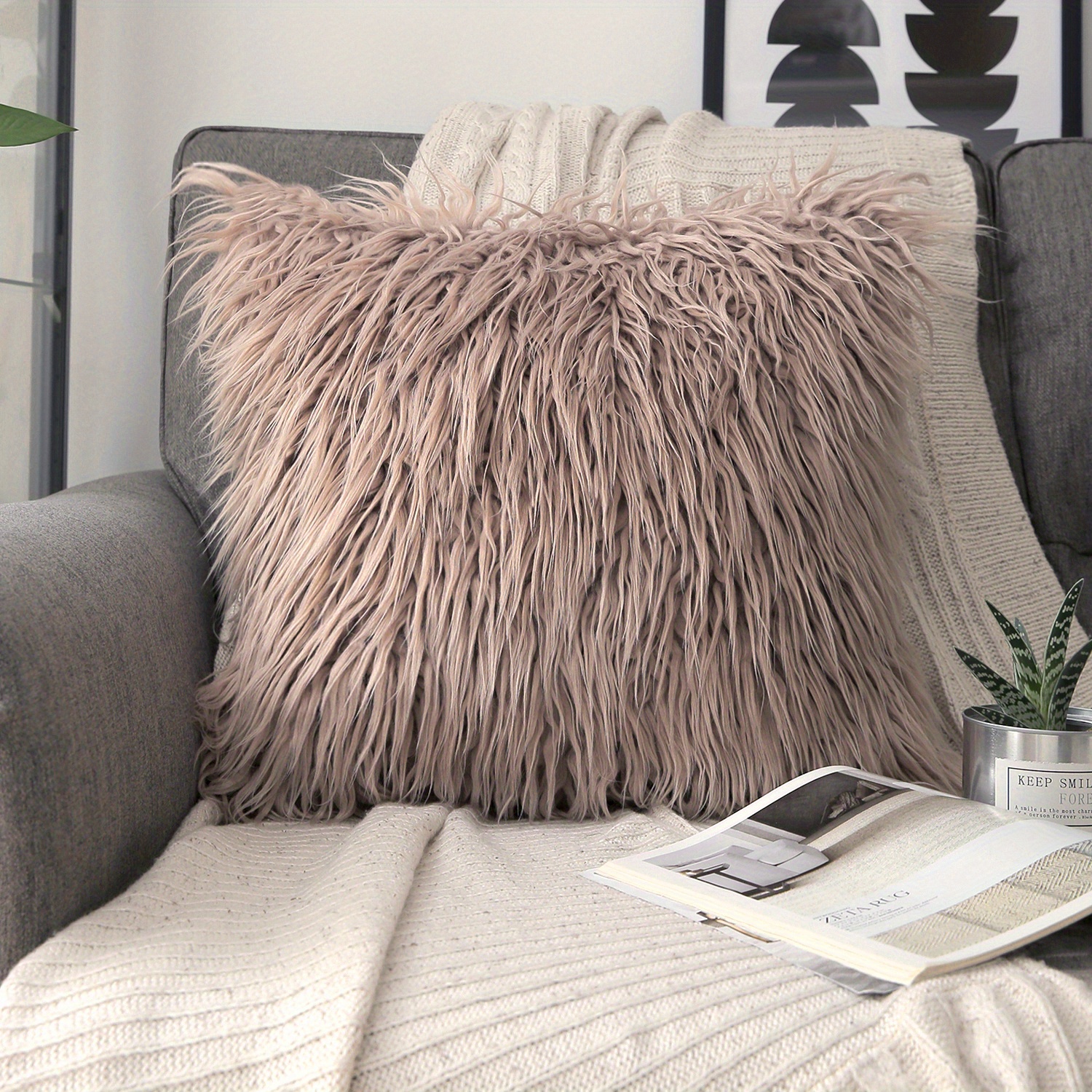 Phantoscope Pack of 2 Faux Fur Throw Pillow Covers Cushion Covers Luxury  Soft Decorative Pillowcase Fuzzy Pillow Covers for Bed/Couch,Beige 12 x 20  Inches