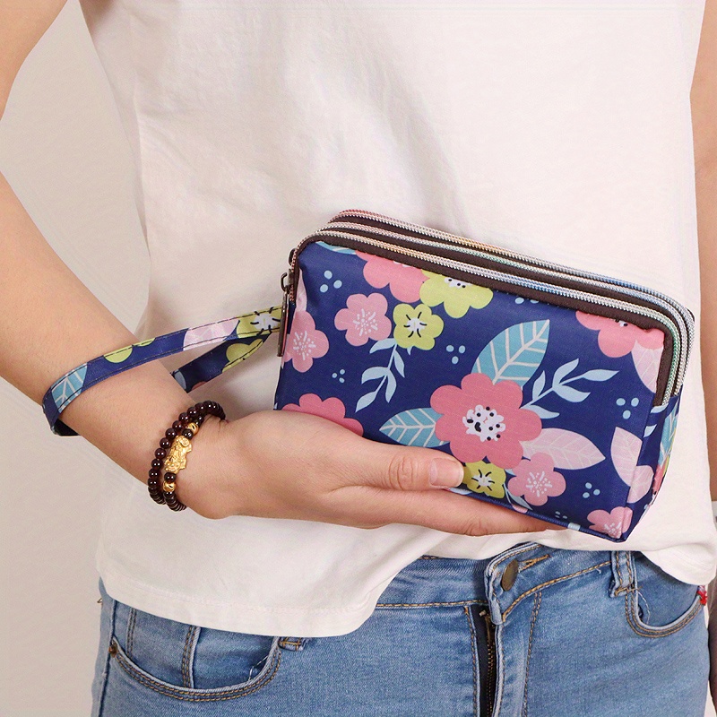 Fashion Flower Pattern Handbags Multi Zipper Clutch Purse Women's Nylon ...