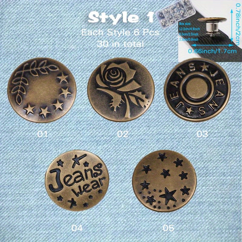 6 Sets Button Pins for Jeans, Jean Button Pins for Loose Jeans, No Sew and  No Tools Instant Replacement Pant Buttons, Removable Buttons (Style2)