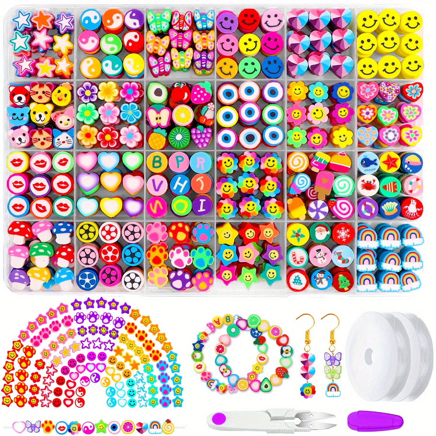 480 Pcs Fruit Flower Polymer Clay Beads, 24 Styles Trendy Cute Smiley Bead  Charms for Bracelets Jewelry Necklace Earring Making with Elastic String