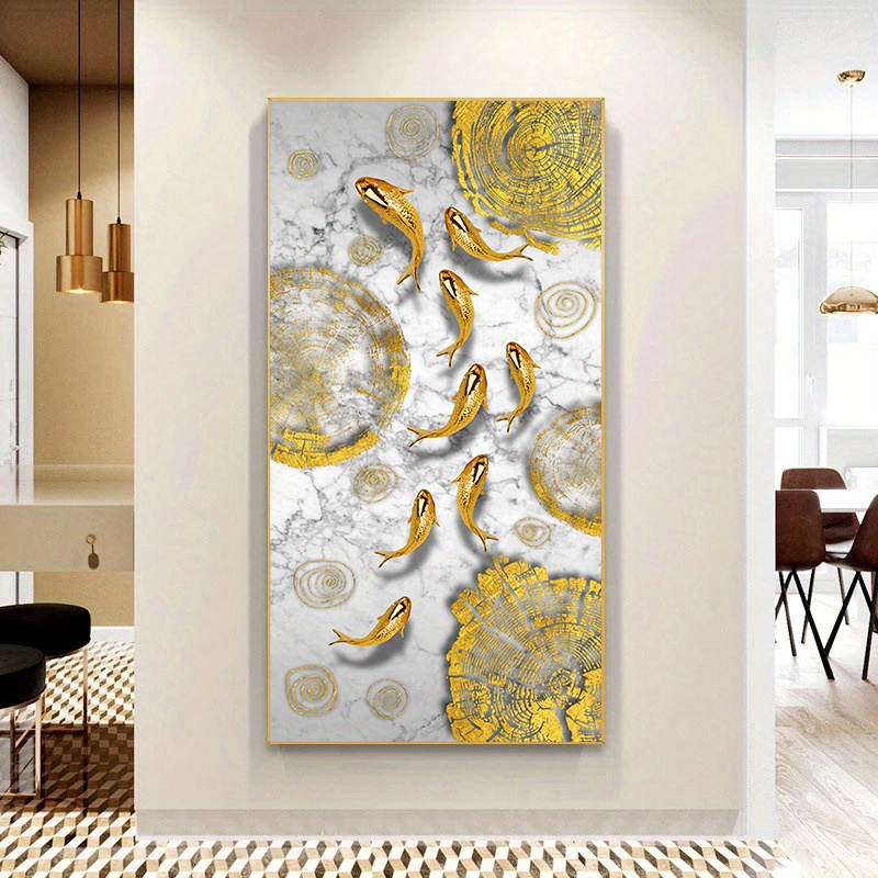 TEMU 1pc Frameless Chinese Style Koi Lucky Carp Canvas Painting Fish Goldfish Poster Entrance Home Decor Picture Cuadros Annual Ring Wall Art, No