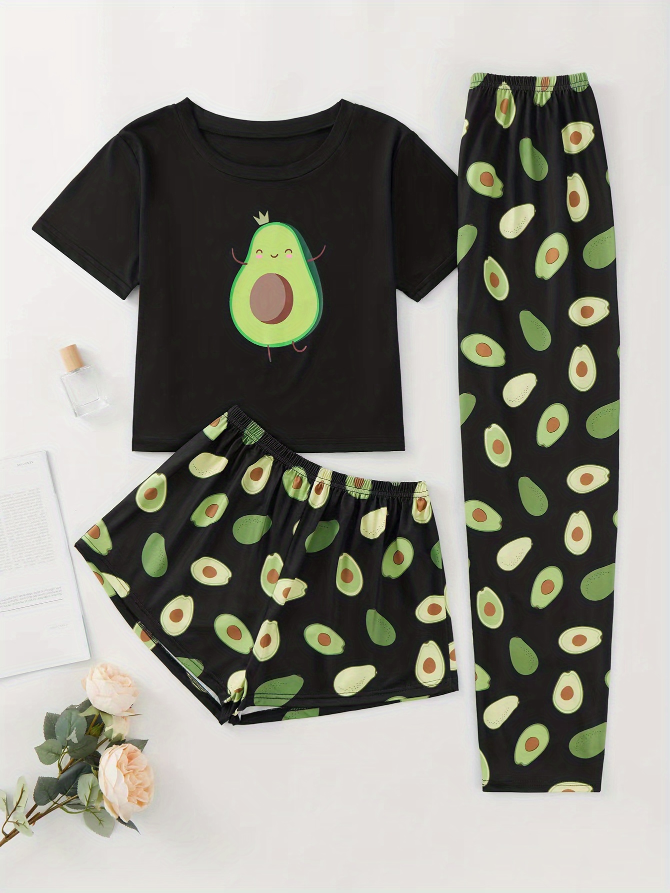 Avocado Print Pajama Set Short Sleeve Crew Neck Top Elastic - Temu