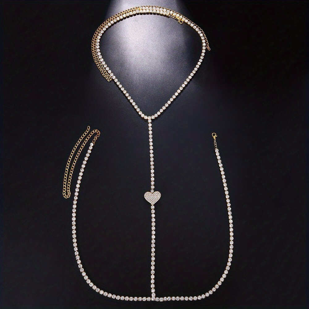 1pc copper claw chain heart shaped rhinestone chest chain nightclub style shiny bikini body chain details 2