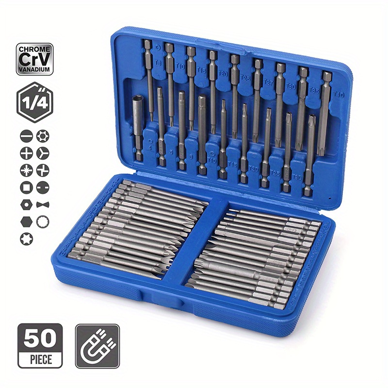 TEMU 50pcs Heavy-duty Magnetic Screwdriver Bit Set With 75mm Extra-long Bits, 1/4" Drive Torx/star/hex/spline Heads Suitable For Professional & Diy