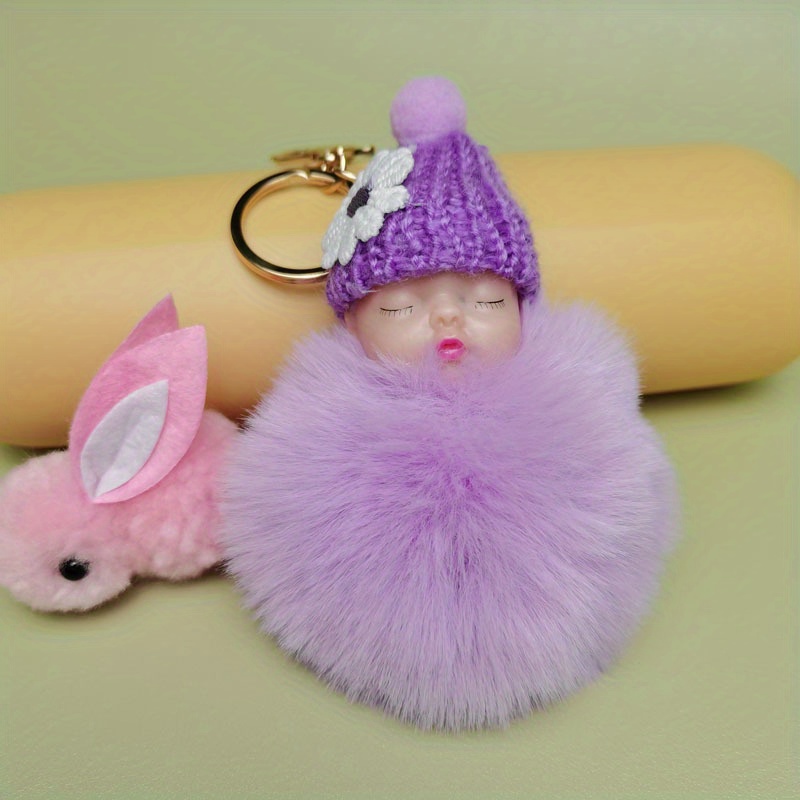 Adorable Sleeping Doll Fluffy Pom Pom Keychain Fur Ball Charm Keyrings Bags  Pendant - Temu