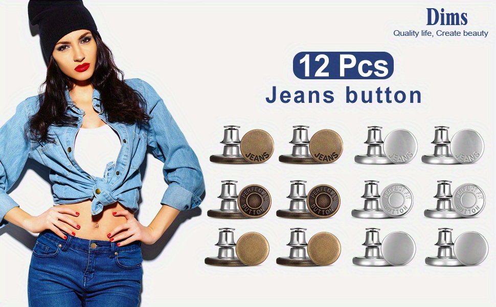 12 Sets Button Pins for Loose Jeans, No Sew and No Tools Instant