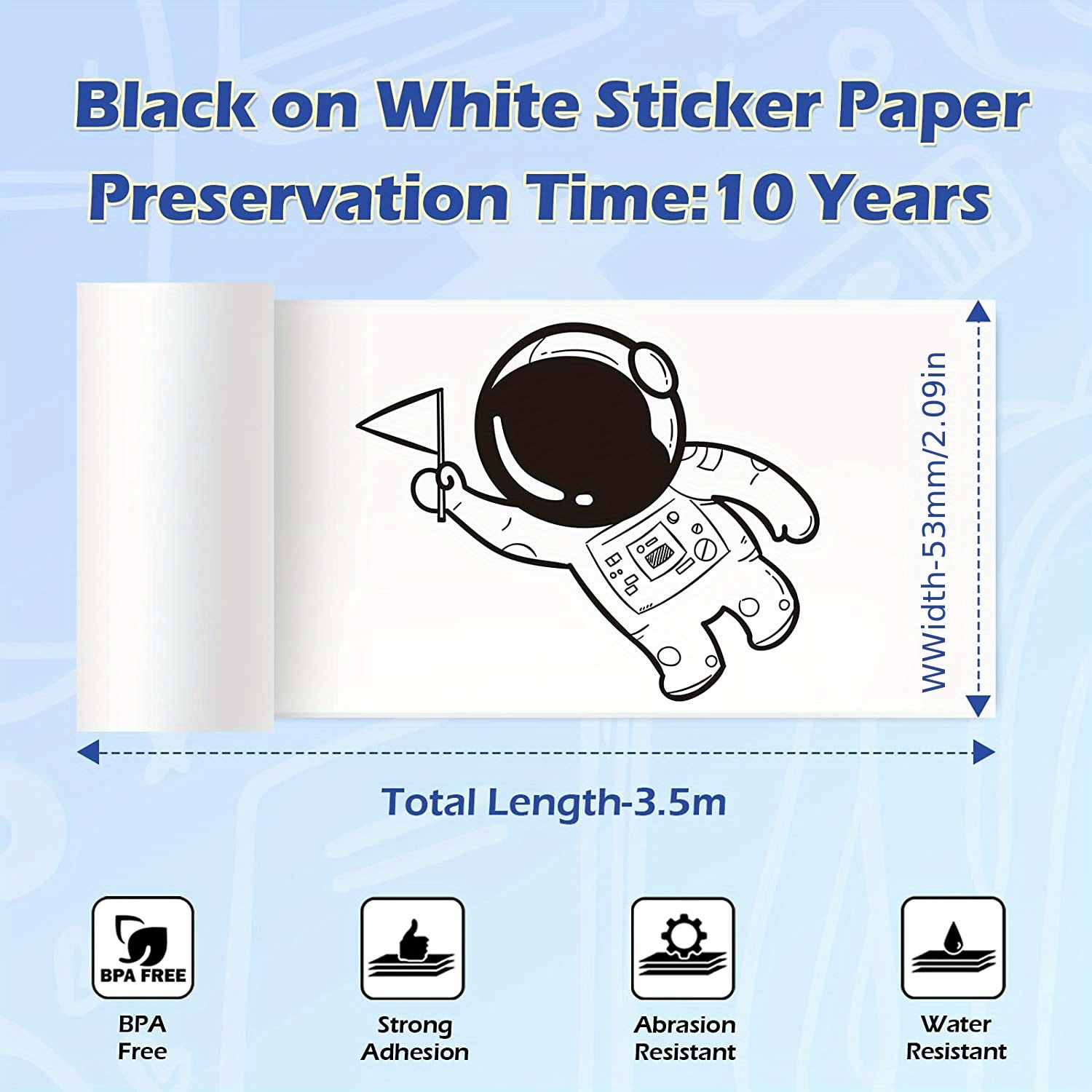  T02 Thermal Mini Sticker Printer Paper, White Self-Adhesive  Paper, Black On White Paper for Journal, Photo, To Do List, 50mm x 3.5m, 3  Rolls, Keep for 10 Years (Only Compatible