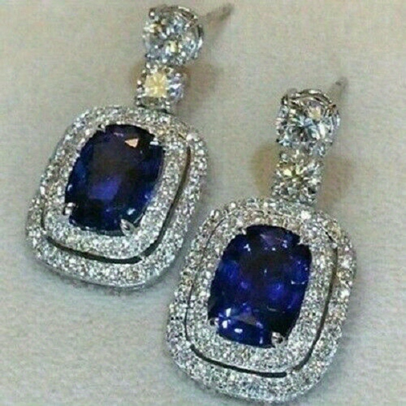 TEMU Gorgeous 925 Silver Plated Oval Cut Sapphire Drop Earrings Micro Paved Crystal Side Stone Women's Earrings Party Jewelry