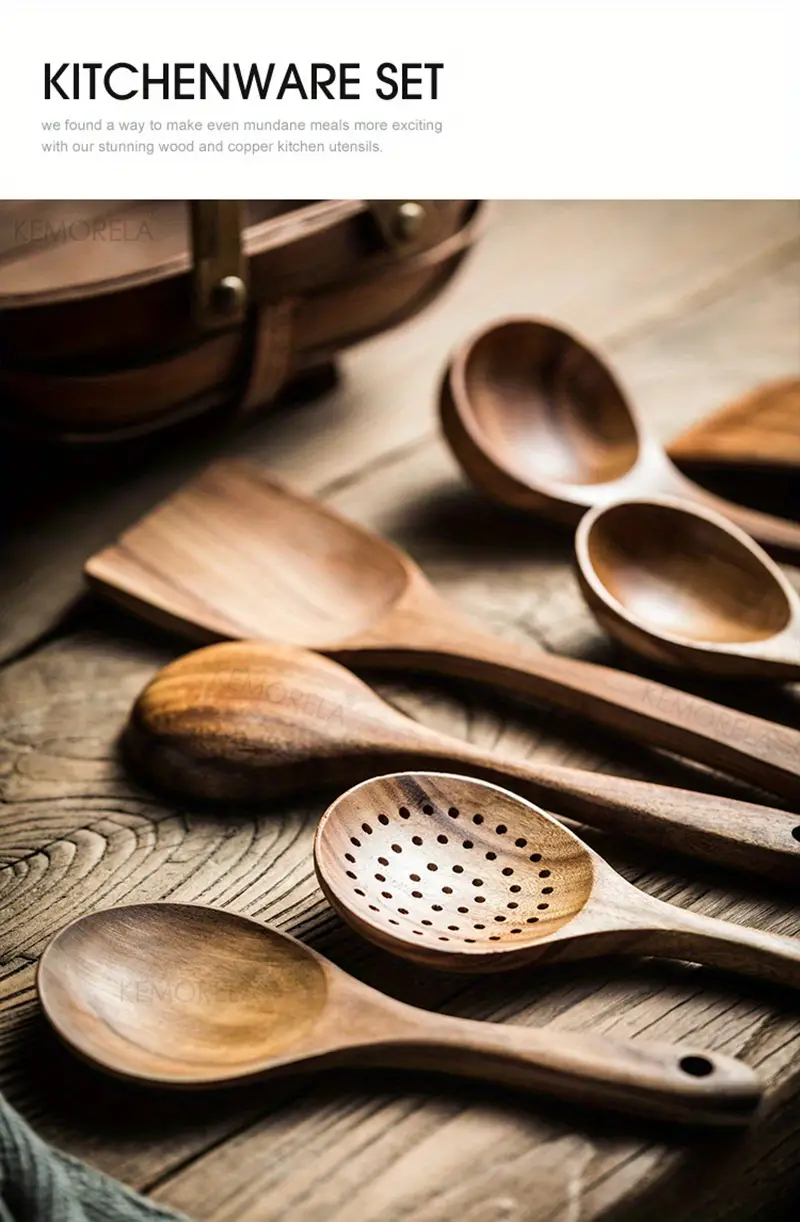 4pcs 7pcs thailand teak natural wood tableware spoon ladle turner long rice colander soup skimmer cooking spoons scoop kitchen tool set details 8