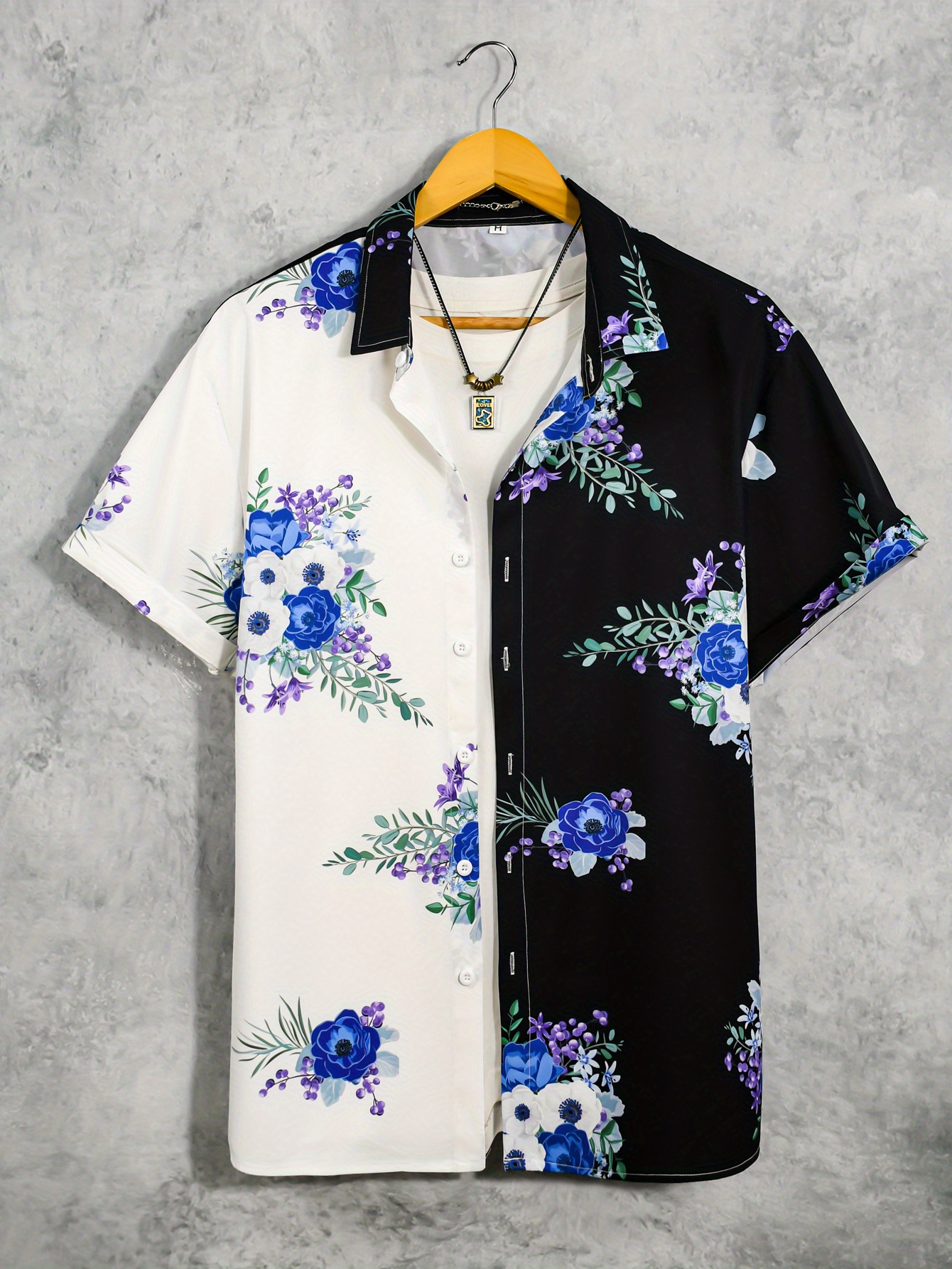 Stylish Color Block Flower Pattern Mens Casual Short Sleeve Shirt For ...