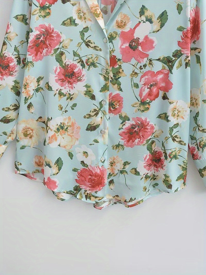 Floral Print Button Shirt, Casual Long Sleeve Shirt For Spring & Fall ...