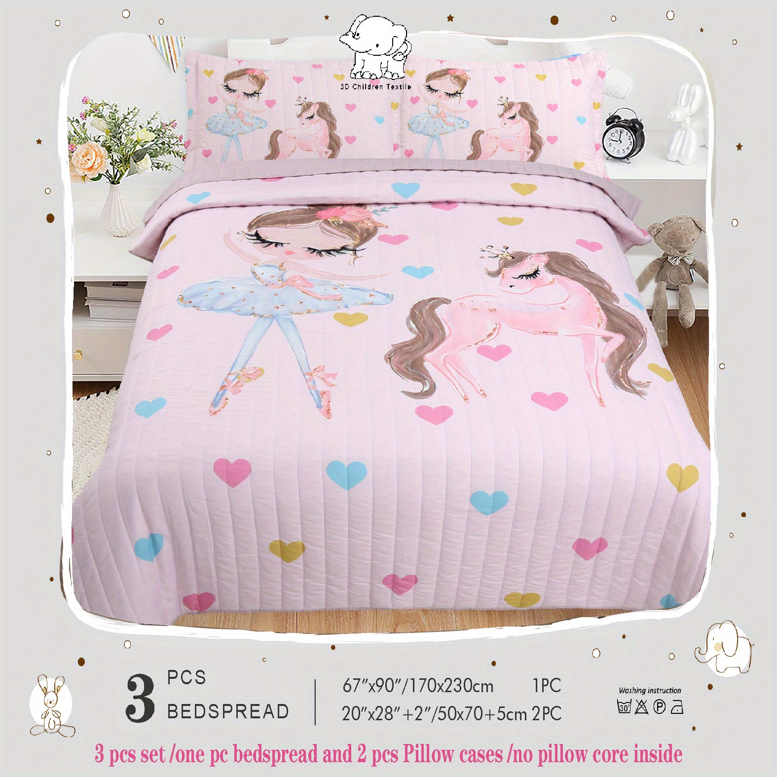 3d Digital Printed Pink Princess Pony Quilt Summer 3pcs Set, Machine Washable, Weight 3.52bl