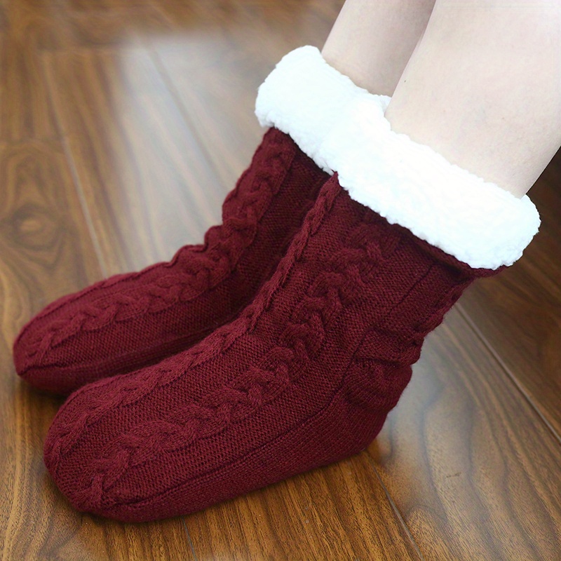 2-pair Women's Soft Sole Slipper Socks With Grippers, Thick Warm Cozy  Sherpa Lined Home Socks Set, Cable Knitted Non-slip