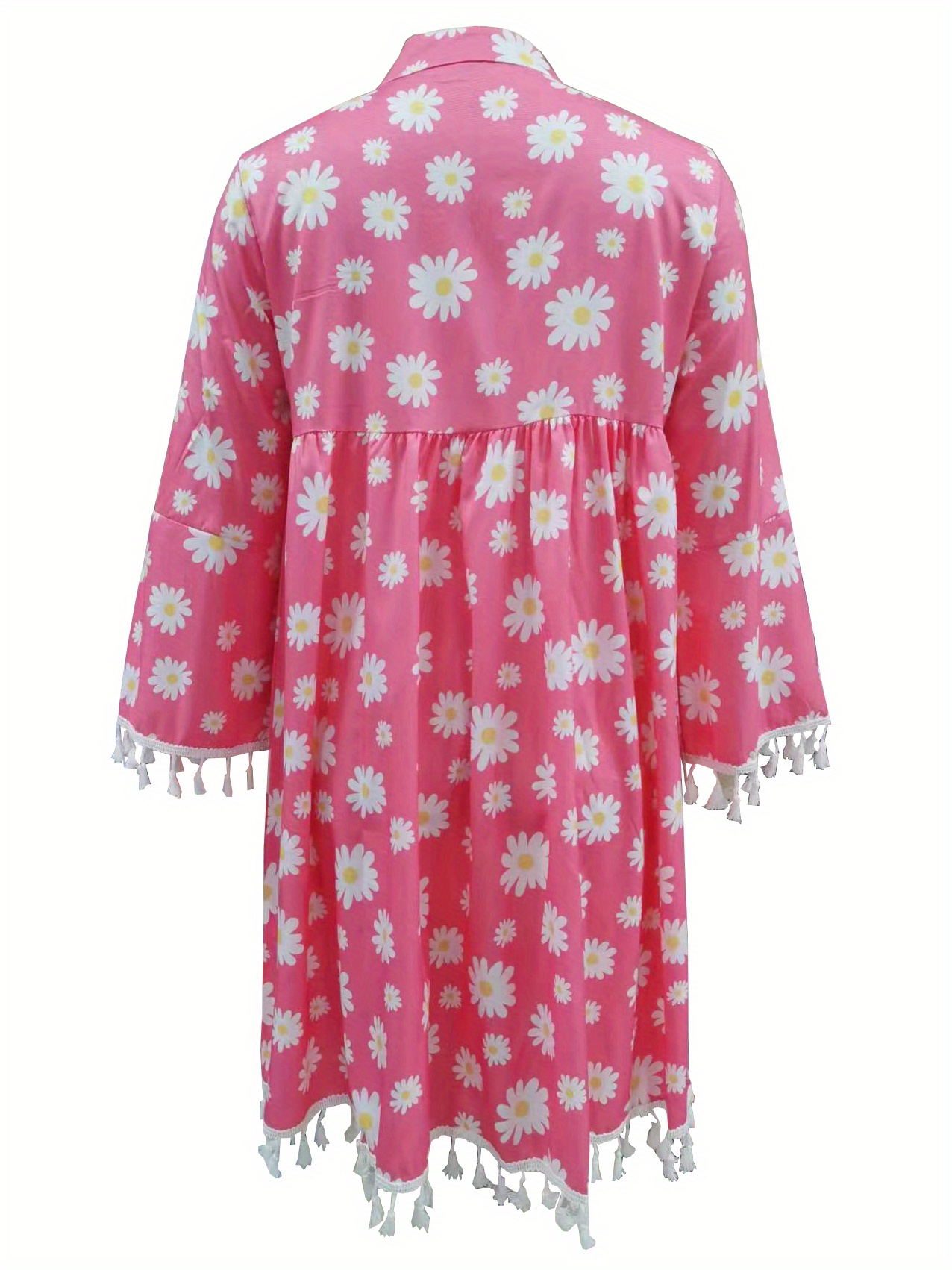 Daisy Print Tassel Dress, Vacation High Waist V Neck Drawstring Dress