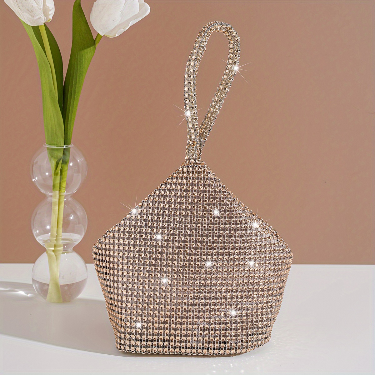 Champagne Gold Evening Bag Floral Glitter Fabric