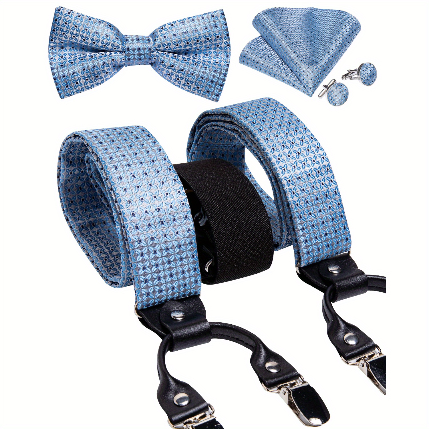 keusyoi Adjustable Men's Elastic Braces Suspenders for Man Shirt Silk  Necktie Bowtie Pocket Square Man Cuffins Set : : Clothing, Shoes &  Accessories