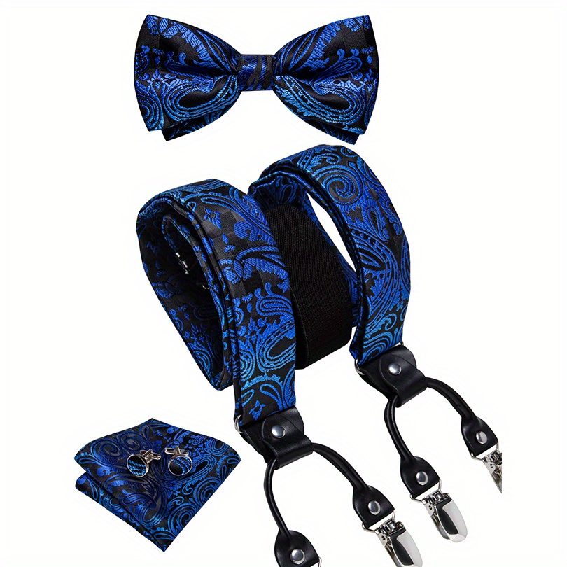 DiBanGu Silk Suspender and Bow Tie for Men Paisley Plaid Suspenders Elastic  Adjustable Clip Braces for Party Wedding