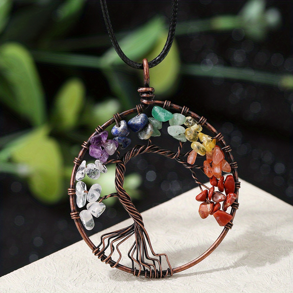 50MM Natural Crystal Stone Pendant Tree Shape Copper Frame Necklace Gift