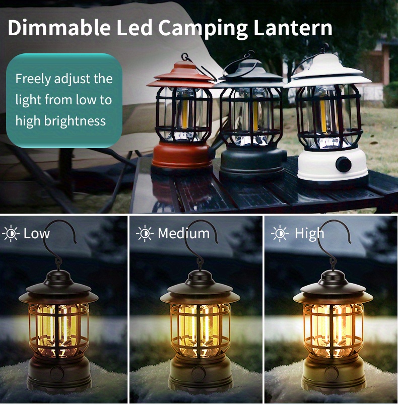 Portable Retro Led Camping Light With Hook Adjustable Brightness Outdoor  Lantern