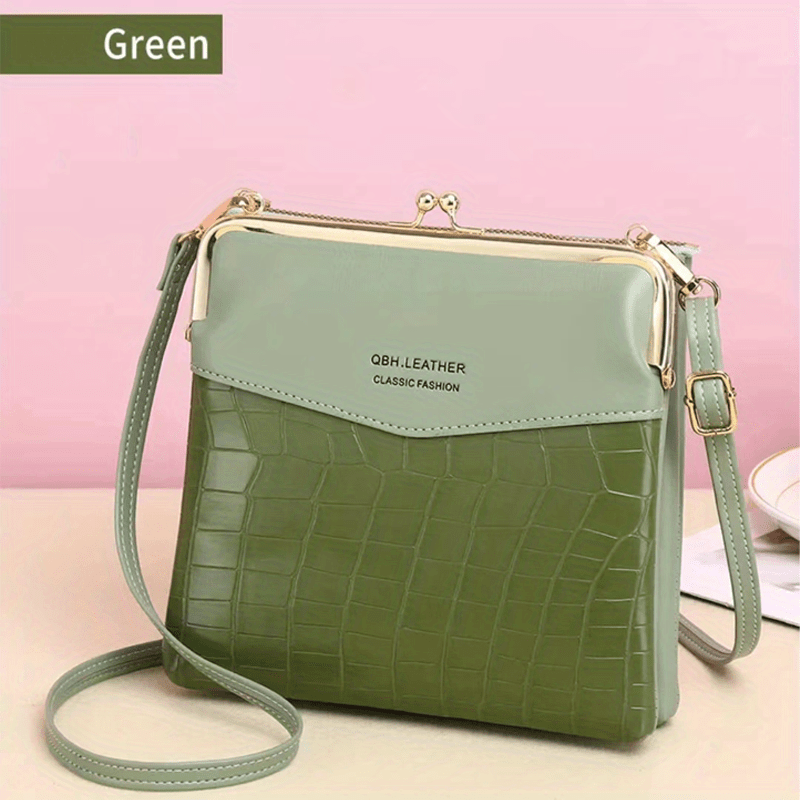 Kiss Lock Crossbody Bag Crocodile Embossed Square Purse Temu