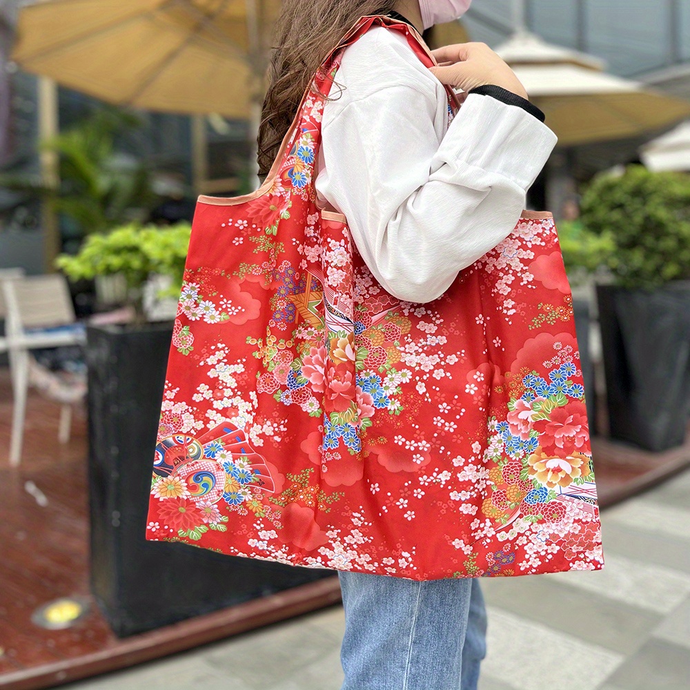 Floral Print Nylon Tote Bag, Reusable Grocery Shopping Bag