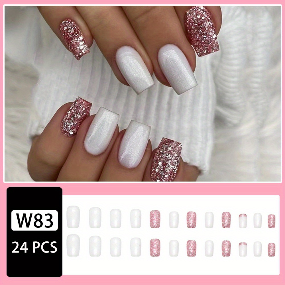 Kaichen Glitzer Press On Nails – Rosa/weiß Verlauf, Kurz, 24 Nägel Inkl. Klebeetiketten & Werkzeug